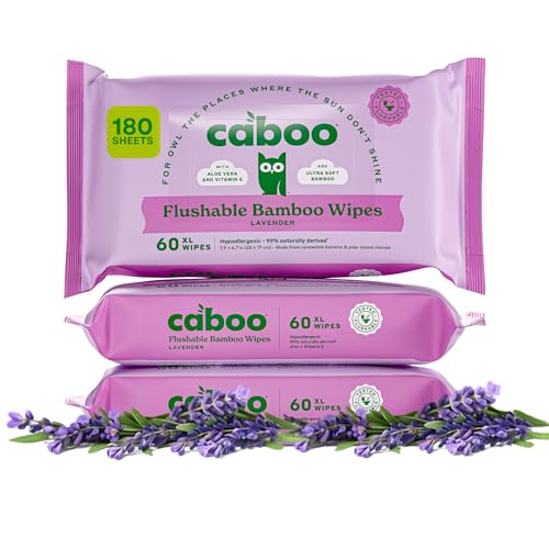 Image of Caboo Lavender Flushable Wipes | Certified Flushable, Septic Safe, Chemical Free, Biodegradable Wipes for Adults made with Renewable Bamboo Based Viscose (Pack of 3, Total of 180)
