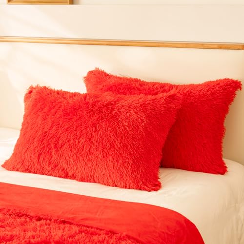HAIHUA Faux Fur Fluffy Fuzzy Plush Red Pillow Case Set of 2, Soft Decorative Pillow Covers for Bed, Bedroom, Living Room, Zipper Closure, Standard Size (20'x26', Red)