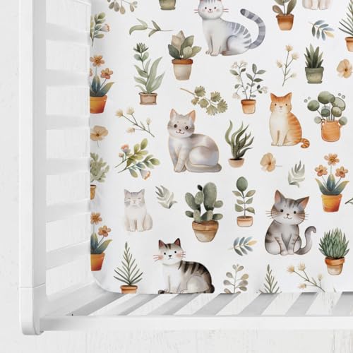 Image of Watercolor Cats Boho Leaves Flowers Baby Crib Sheets 52''x28'' Cute Cats Tropical Plants Stretchy Fitted Crib Mattress Cover for Boy Girl Soft Nursery Bed Sheets for Standard Crib and Toddler Mattress