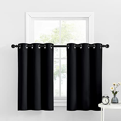 NICETOWN Blackout Short Window Treatment Valance Curtains, Grommet Tier Room Darkening Privacy Curtains for Kitchen/Bedroom/Bathroom (Black, 2 Panels, 34W by 36L 1.2 inches Header) Black 34"