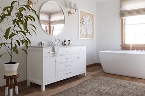 Ariel Bristol 61" Inch Single White Bathroom Vanity | Rectangle Sink | Italian Carrara Marble Countertop | 2 Soft-Closing Doors | 5 Dovetail Full Extension Drawers | Polished Chrome Hardware #TOP1