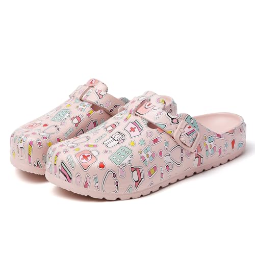 Image of Eliogn Women's Garden Clogs with Print, Waterproof Slip Resistant Work Clogs, Lightweight EVA Slip-On Mules, Cushioned Comfortable Shoes for Nurse, Chef, Kitchen, Beach