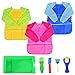 Produktbild Malschürze Kinder, 3 PCS Wasserdicht Kinder Kunst Kittel 2-8 Jahre mit Langarm, Klettverschluss und 3 Taschen (Blau & Pink & Gelb) + 5 Stück Früherziehung Schwamm Pinsel und Palette Set