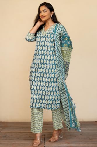 Image of MIRCHI FASHION Women's Straight Fit Pure Cotton Floral Printed Kurta Set with Dupatta and Pant
