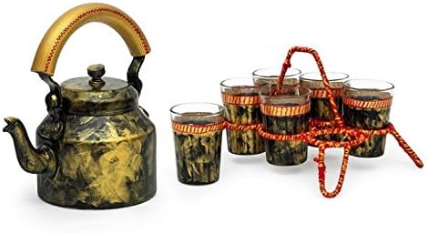 KaushalamHand Painted Kettle with 6 Cutting Chai Glasses and Stand Traditional Indian Aluminium Kettle and Tea Glass Kitchen Gift for Mom