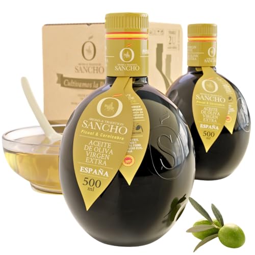 Aceite de Oliva Virgen Extra Picual con Cornicabra Pack Premium 2x 500ml Botella Vidrio AOVE SANCHO Gourmet Intenso Aromatico Cosecha Temprana Primera Extracción en Frío Origen España DOP La Mancha