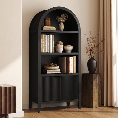 Yusong 71 Tall Arched Bookcase, 5-Tier Arched Bookshelf, Black Bookshelf, Arch Cabinet Display Cabinet with Fluted Doors and Shelves, Modern Farmhouse Kitchen Pantry for Living Room Bedroom
