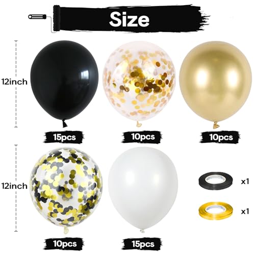 Image of Black Gold Balloons, 60 Packs 12 Inch Black White and Gold Latex Balloons Metallic Gold Black Confetti Balloon Party Decoration for Birthday Graduation Wedding Anniversary Baby Shower Father's Day