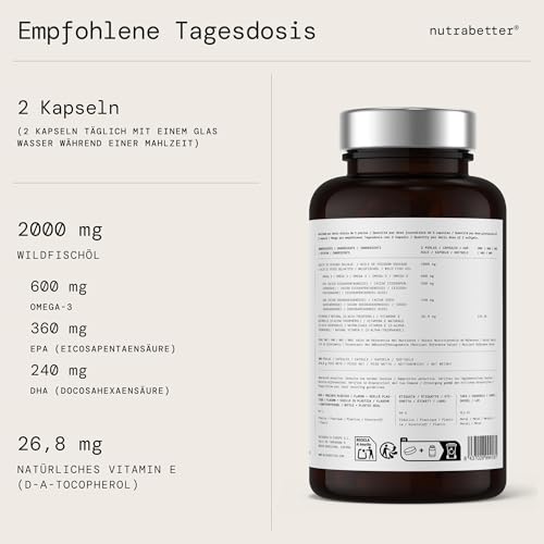 Omega 3 Kapseln 2000 mg | 200 Softgels | 600 mg reines Omega-3 + Vitamin E | Geprüfte Qualität | Hochdosierte Omega 3 Fettsäuren für Herz, Gehirn & Blutdruck | nutrabetter®