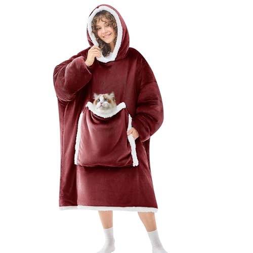 JOYWOO Wine Red Oversized Wearable Blanket Hoodie, Cat lovers Long Hoodie Blanket for Adult,Birthday Gifts for Women Men Mom,Cozy Sherpa Hooded Blanket Giant Pocket Winter Gifts,Burgundy,Oversize