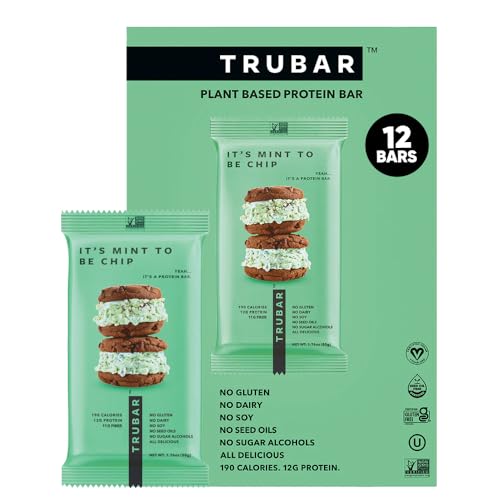 TRUBAR Vegan Protein Bars - Soy Free, Dairy Free, Gluten Free Protein Bars - No Sugar Alcohols - Non-GMO - 12g of Protein - It's Mint To Be Chip - 12 Count