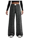 GORGLITTER Women's Leopard Print Trousers Elastic Waist Letter Patched Wide Leg Casual Palazzo Pants Dark Grey Medium