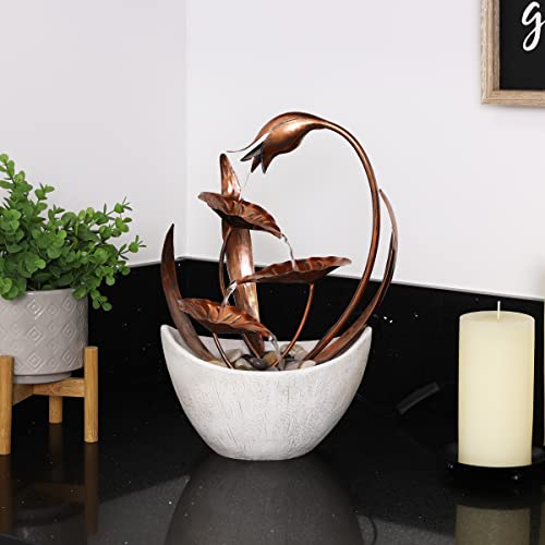 Alpine Corporation 15" H Indoor Multi-Tier Metal Floral Leaf Tabletop Fountain With Stone-Filled Base #TOP1