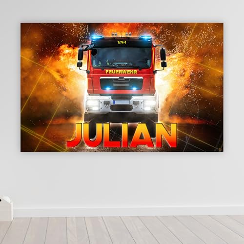 timalo® Cooles Poster mit Namen Feuerwehr Bild für die Wand | Wandbild für Kinder Jungen mit Feuerwehrauto Kinderzimmer Deko personalisiert | child003-B120xH61cm