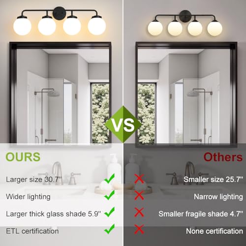 Image of Bathroom Light Fixtures 30.7in 4-Light Matte Black Vanity Lights for Mirror | Bathroom Lighting Fixtures over Mirror, ETL, Brushed Brass Wall Sconce, Dimmable E12 Base Max 60W, Milky Glass Ball Shades