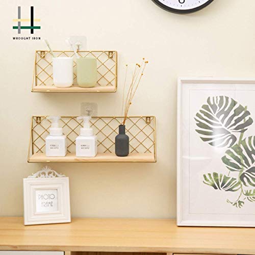 HJW Praktische opbergrek woondecoratie drijvende wandplank goud, metaal hout opbergrek voor fotolijst boek plant pot wekker kalender vakantie decoratie 1Huiyang-01020, a, klein - Image 7