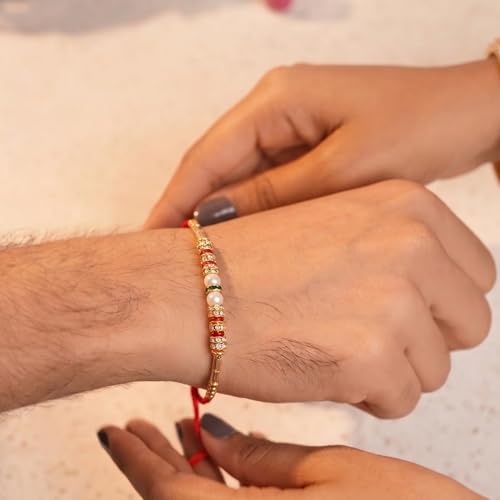 Image of Peora Om Shree Ram Swastik Rakhi for Brother Bhaiya | Crystal & Beads Studded | Red Thread | Raksha Bandhan Hamper with Roli Chawal Greeting Card
