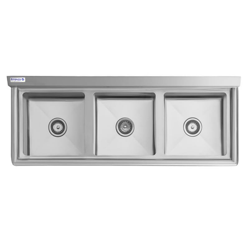 Image of Empura 54 inch Wide Stainless Steel Three Compartment Commercial Sink | Prep Utility 15 inch x 15 inch Bowl for Restaurant Laundry | 3.5 inch Drain Basket, 9.75 inch Backsplash, 54 inchW x 20.5 inchD x 44.25 inchH, 16 Gauge, NSF