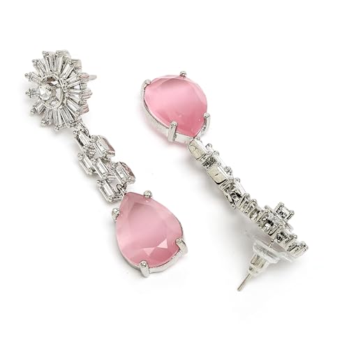 Image of ZENEME Rhodium Plated Brass Silver Toned Luxurious Sparkle Pink Necklace & Earring Jewellery Set For Women & Girls
