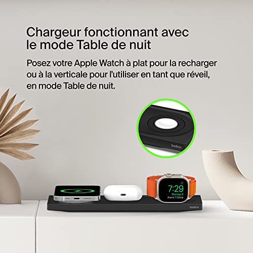 Belkin Chargeur MagSafe 3-en-1, certification MFi, chargeur sans fil rapide pour iPhone 16, 15, 14, 13, 12 Series, Apple Watch 10, 9, 8, 7, 6, Ultra (et versions antérieures), AirPods 2, AirPods Pro