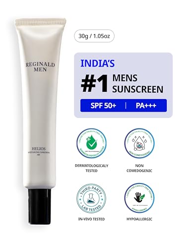 Image of Reginald Men SPF 50+ PA++++ Sunscreen (30g) | In-Vivo Tested | Broad Spectrum UVA /UVB Protection | Brightening & Hydrating | Lightweight, Oil-Free & Non-Sticky | Daily Sun Protection for Men (Pack of 1,30G)