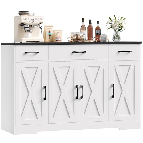 HOCSOK Aparador 140cm, Armario de Cocina, Armario Almacenaje con 4 Puertas y 3 Cajones, Mueble Auxiliar de Cocina con Estantes, para Comedor Entrada Salón, Blanco y Negro