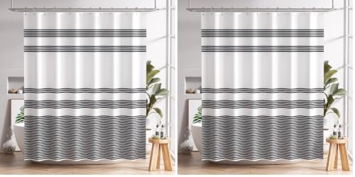 Image of AmazerBath Shower Curtain, Washable Cloth Black Shower Curtain Sets with 12 Shower Curtain Hooks, Fabric Rustic Black and White Striped Curtain, Farmhouse Bathroom Curtains, 72x72 Inches (Pack of 2)