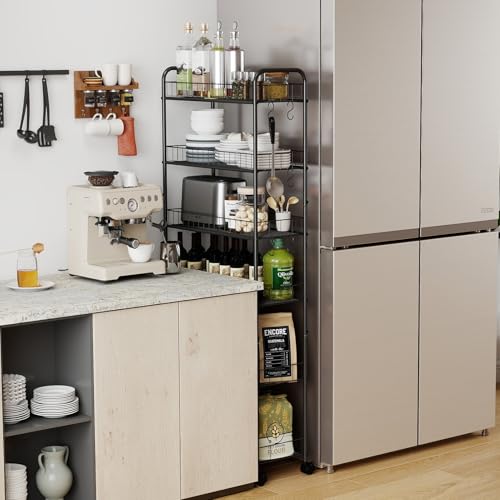HAUSPROFI Küchenregal Schmal, 6 Etagen Regal mit Rollen, 4 Abschließbaren Rädern und Fußpolstern, 6 Haken, Griff und Korb, für Enge Räume wie Küche, Badezimmer usw., Schwarz (58,0 × 15,3 × 155,5 cm)