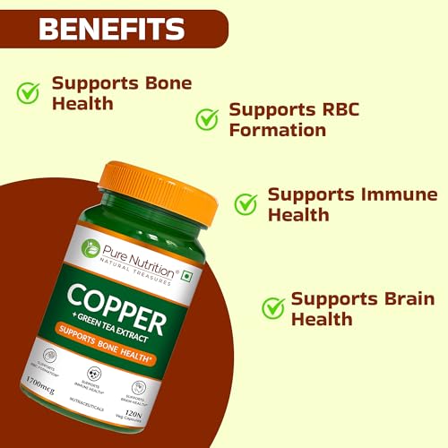 Image of Pure Nutrition Copper Supplements | Copper Tablets Capsules for Men & Women 1700mcg with Green Tea Extract | Support Connective Tissues, Brain Health, Boost Immunity - 120 Veg Capsules