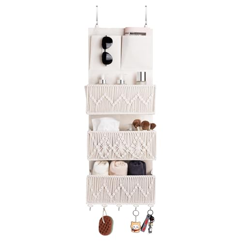 ANTIS'S HOME Over The Door Organizer Boho Bedroom Decor Nursery Storage with 3 Large Woven Pockets, Macrame Nursery Organizers and Toys Storage, Behind Door for Bathroom, Beige Back of Door Organizer by ANTIS'S HOME - Used condition - US$18.37