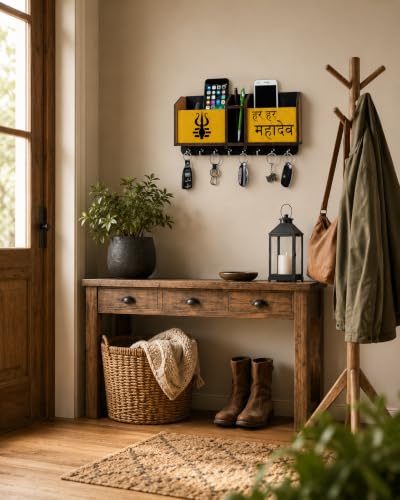 Image of Premium Har Har Mahadev Multipurpose Wooden Key Holder, Key Hanging for Wall Home, Living Room, Office Decor Key Holder Trishul Design Key Holder with Stainless Steel 8 Hooks Gift Item