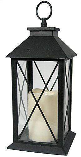 Black Decorative Lantern with Cross Bar Design - LED Pillar Candle with 5 Hour Timer included - Hanging or Sitting Decoration - 13
