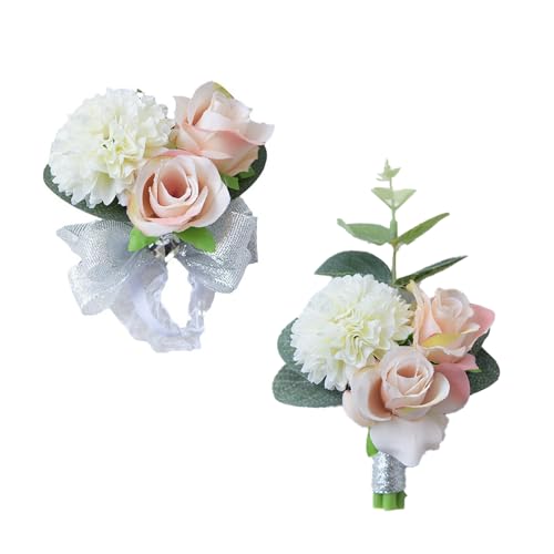 Wristlet Band Boutonniere Set Wrist Corsage Bracelet Pin Artificial Flowers for Bride Groom Bridesmaids Groomsmen Weddings Prom 