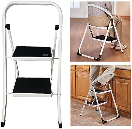 2 Step Ladder Portable Folding 2 Step Stool Heavy Duty Steel Ladder with Hand Rail and Anti-Slip Wide Pedal, Lightweight Stepladder for Home and Kitchen Use, 330lbs Capacity