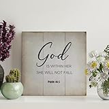 Madcolitote God Is Within Her She Will Not Fall Psalm 465 Christian Scripture Wood Plaque Christian Wall Art Rustic Wall Decorations for Living Room Kitchen Home Decor 8x8in