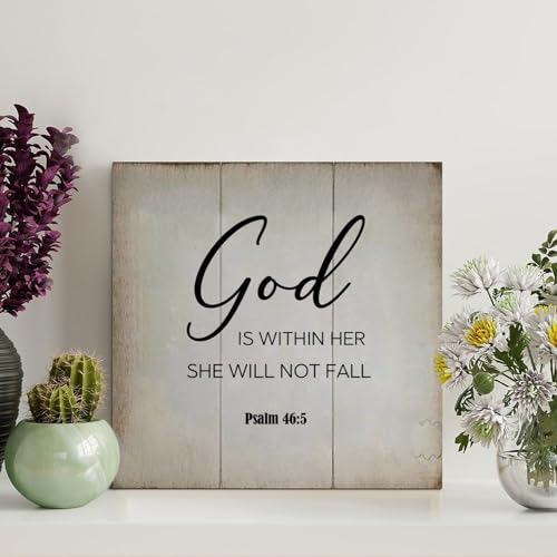 Madcolitote God Is Within Her She Will Not Fall Psalm 465 Christian Scripture Wood Plaque Christian Wall Art Rustic Wall Decorations for Living Room Kitchen Home Decor 8x8in