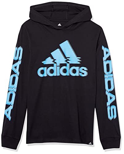Adidas Boys' Long Sleeve Cotton Bos Logo Hooded T-Shirt, Black/Blue, Large (14/16) #TOP16