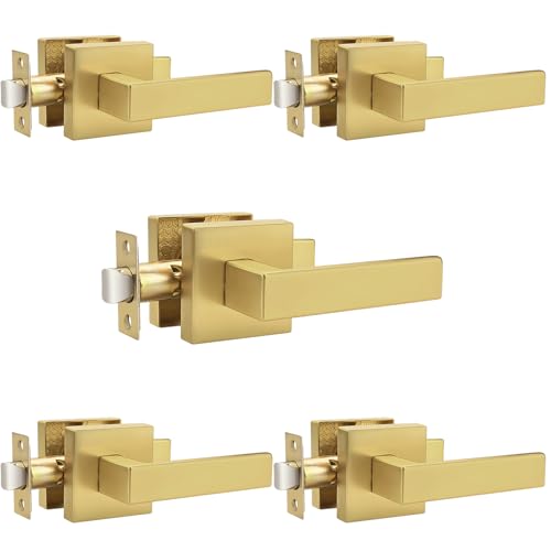 Probrico 5 Pack| Gold Door Handles Passage Door Levers, Heavy Duty Closet and Hall Door Locks Interior Keyless Locksets, Reversible Flat Levers with Square Rosette