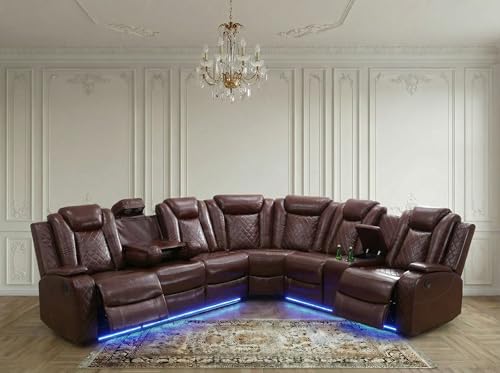 Ocstta Breathing Leather Recliner Sectional Sofa, Power Reclining Sectional Couch with LED, L Shaped Recliner Couch 6 Seat Sofa for Living Room with USB Port&Cup Holders (Wine Red)