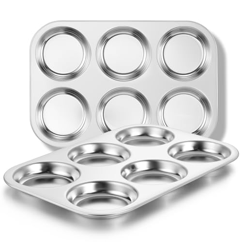 Image of E-far Muffin Top Pan Set of 2, Stainless Steel 6-Cavity Shallow Cupcake Pan for Baking Whoopie Pie, Yorkshire Pudding, Eggs, Cornbread, Drop Cookies, Non-toxic & Standard Size, Oven & Dishwasher Safe