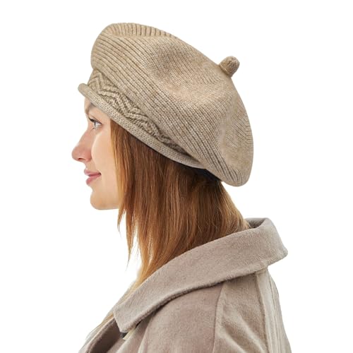 Women French Beret Hat Winter Warm Knit Knitted Beanie Wool Fleece Lined Slouchy Paris Basque Baret Barrette Artist Cap Beige Classic Solid Color, Boinas de Mujer, Gifts for Ladies