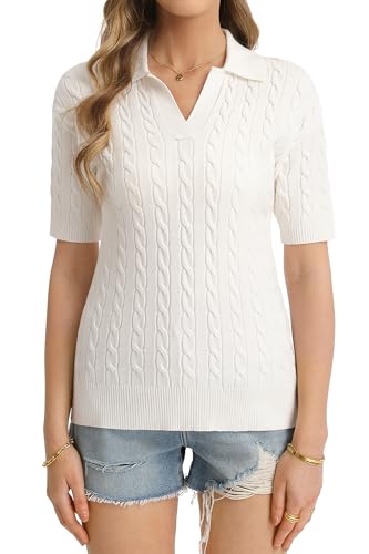 Image of QUALFORT Cable Knit Women's Short Sleeve Sweater Soft V Neck Polo Tops