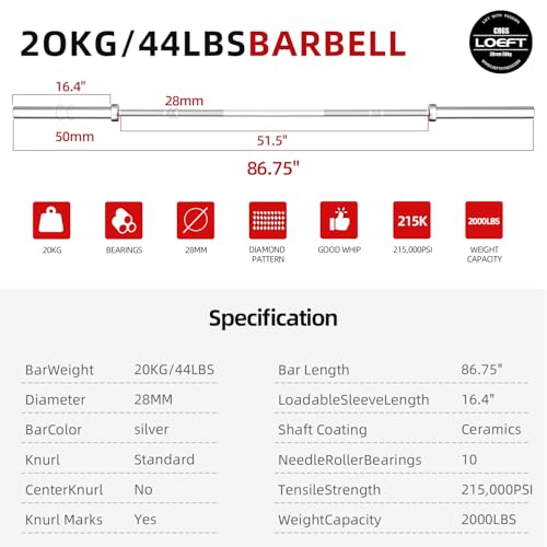 7ft Olympic Barbell, 45 lb Barbell for Powerlifting and Weightlifting, 2000 lbs Weight Capacity 215K PSI Weight Bar Fit 2" Weights for Squat, Bench Press, Deadlift - Image 4