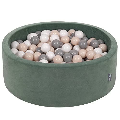 KiddyMoon Rund B&auml;llebad Velvet B&auml;llepool 90X30cm/200 B&auml;lle &empty; 7Cm Ballgruben F&uuml;r Babys Spielbad Kleinkinder, Hergestellt In Der EU, Waldgr&uuml;n: Pastellbeige/Grau/Wei&szlig;