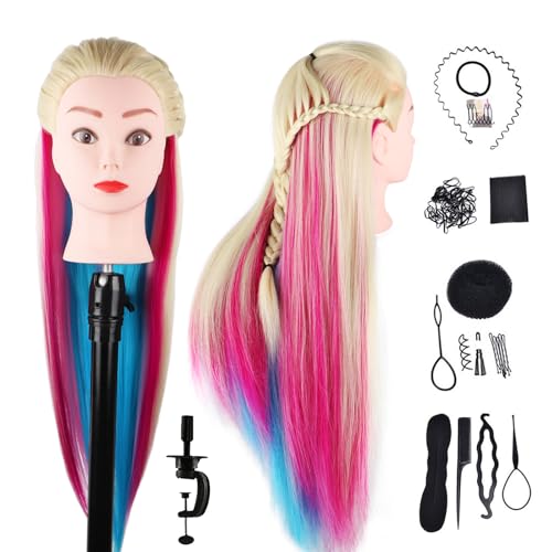 DaizySight Cabeza de Maniquí de Peluquería con Fibra Sintética 100%, Cabeza de Maniquí de Cabello Humano Cosmetología Formación Muñeca Oscuro, Rubia-Multicolor, 72cm