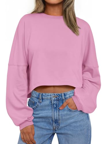 Trendy Queen Cropped Sweatshirts for Women Oversized Crewneck Sweaters Long Sleeve Tops Fall Winter Clothes 2026 Pink S