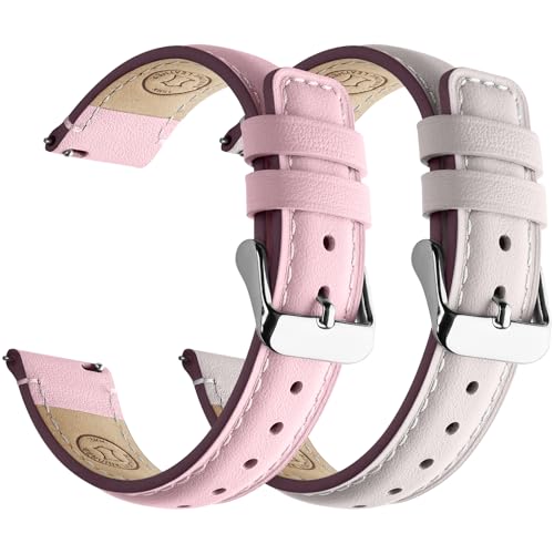 Fullmosa Correa de reloj de piel auténtica, 18 mm, cambio rápido, para hombre y mujer, 2 unidades, con cierre de acero inoxidable, color blanco, rosa, plateado y plateado