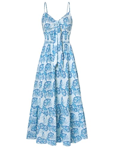 Damen Ärmellos Spaghettiträger Maxi Kleid Elegant Casual Langes Swing Blumenkleid A-Linie Garten Urlaubskleid am Meer Blau Blume-Weiß M