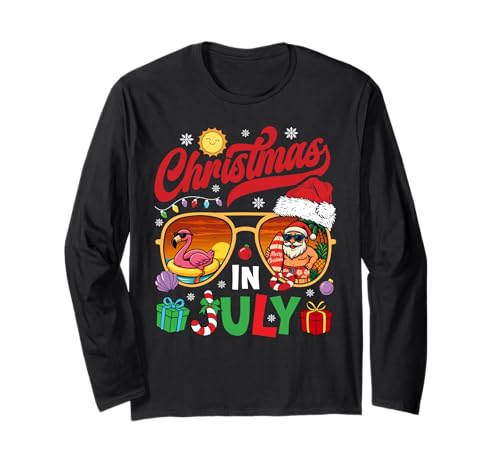 Maglietta divertente con fenicottero e Babbo Natale in vacanza al mare Maglia a Manica