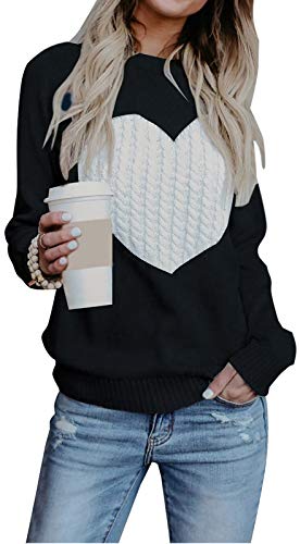 shermie Women's Pullover Sweaters Long Sleeve Crewneck Cute Heart Knitted Sweaters Black Medium